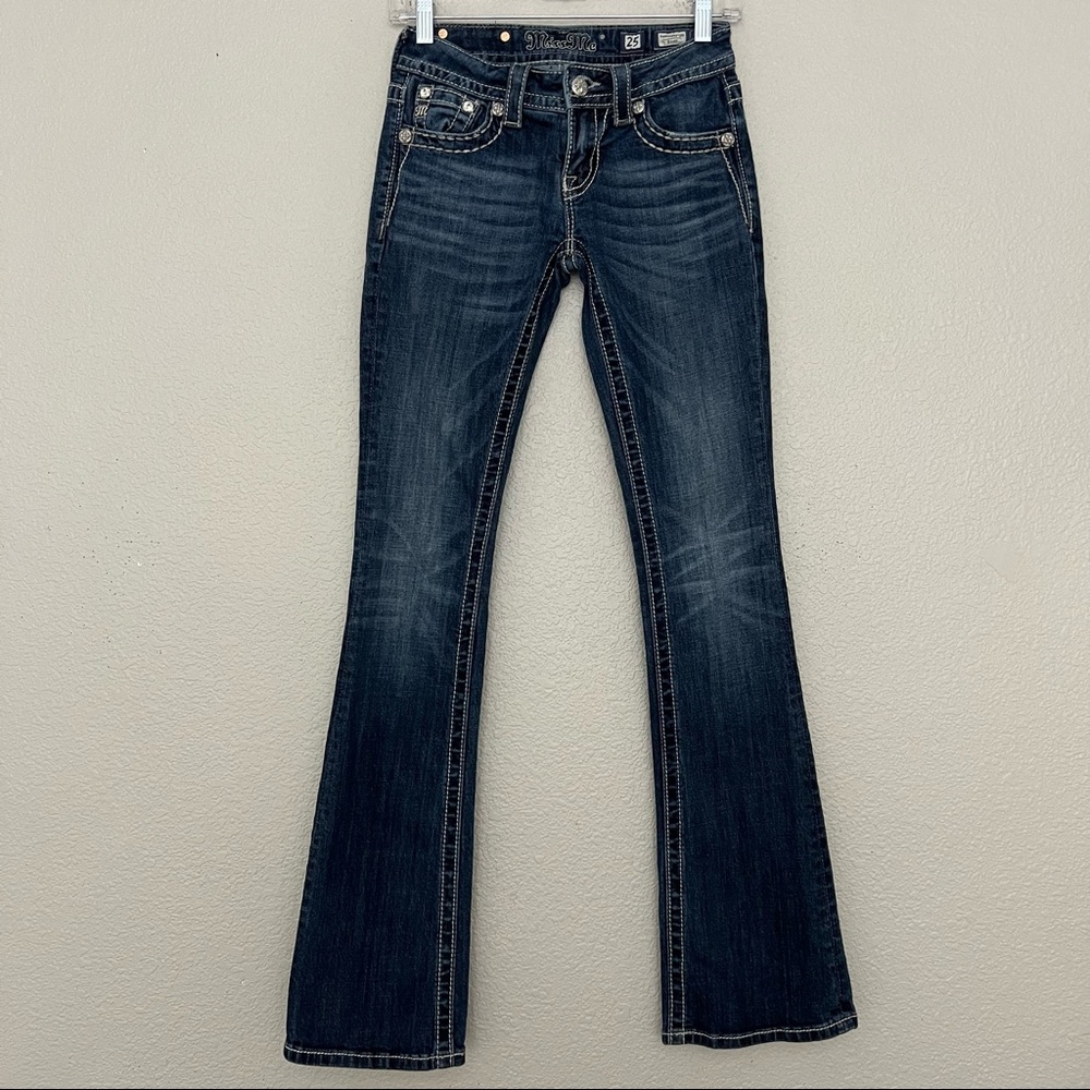 Miss Me Signature Rise Boot Denim Jeans Western Bling Floral Pockets Size 25